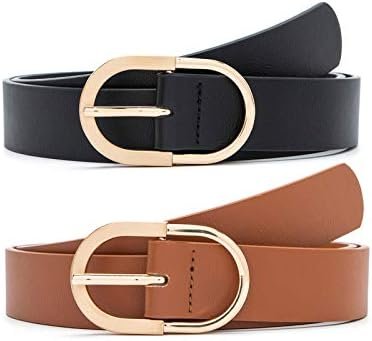 MORELESS 2 Pack Women's Leather Belts for Jeans Pants with Fashion Center Bar Buckle