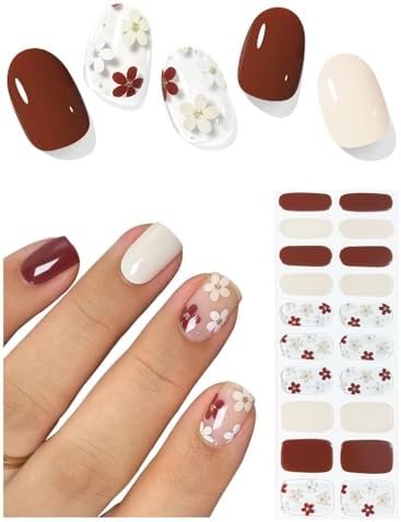 Semi Cured Gel Nail Strips (Autumn Flower), Fall, 20 Pcs Gel Nail Wraps, Stickers, UV Light Required, Salon Quality