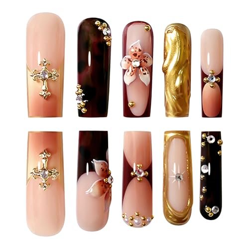 3D Brown Flower Fall Press on Nails XL Square, Chrome Gold Rhinestones Leopard French Tip Ombre Design Extra Long, 24pcs Thick Comfort Fit Fake Artificial Full Cover Glue on Nails for Women