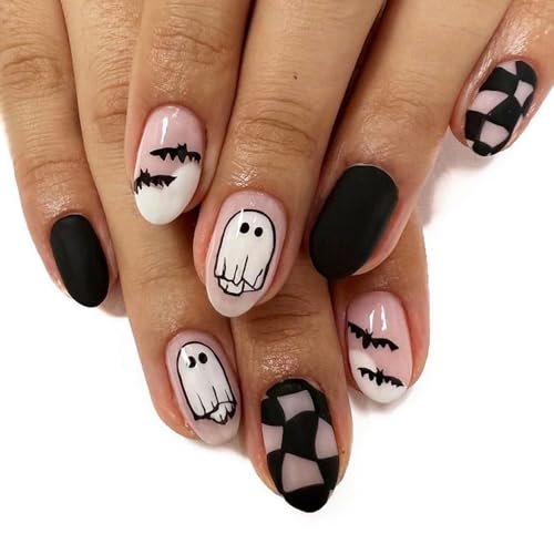 Halloween Press on Nails Short Almond Ghost Bat False Nails with Designs Full Cover White Black Grid Glossy Glue on Nails Halloween Cute Acrylic Nails Manicure Fall Artificial Nails for Women 24Pcs