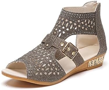 Rhinestone Sandals Womens Casual Summer Crystal Rhinestone Flat Sandals Beach Open Toe Strappy Sandals,Gold,US9/EU41