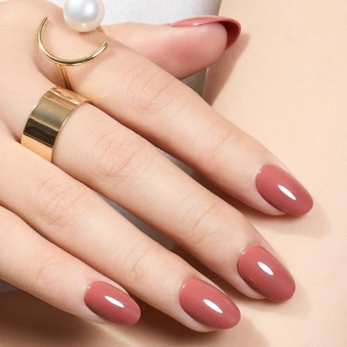 modelones Pink Short Press on Nails, Fall Halloween Oval Fake Nails Kit Press Ons with Nail Glue, Adhesive Tabs, Nail File, Prep Pad, Manicure Stick, 32Pcs 16 Sizes