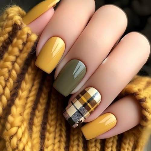 Fall Press on Nails Medium Square Fake Nails Press Ons Yellow Green False Nails with Grid Retro Designs Glossy Full Cover Glue on Nails Artificial Stick on Nails for Women Girls Manicure 24 Pcs