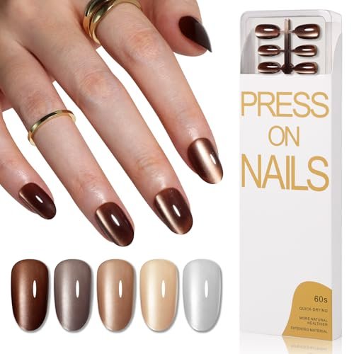 Cat Eye Press on Nails Extra Short Oval, 5 Color Brown Chrome Nails Jelly Glassy Fall Autumn Fake False Nail Kit, 150pcs Glossy Natural Nude Pretty Full Cover Stick on DIY Nail Set for Women