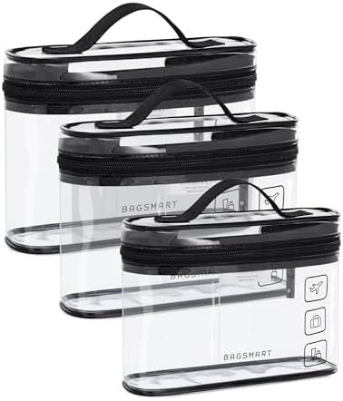BAGSMART TSA Approved Toiletry Bag, 3 Pack Clear Makeup Cosmetic Bag Organizer, Quart Size Travel Bag for Toiletries, Carry-on Travel Accessories Essentials, Black-3pcs