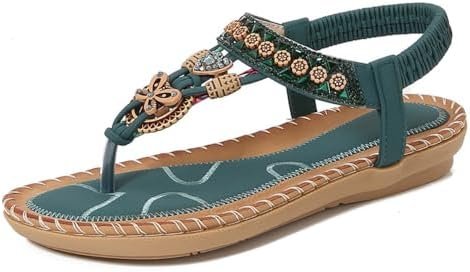 Bohemian Hippie Wedge Sandals for Women Bedazzled Jeweled Beach Flats Ankle Strap Flip Flops Water Thong Slip On Slipper Indoor Outdoor Leather Cute Sparkly Bling Rhinestone Low Heel Dressy Boho Shoes