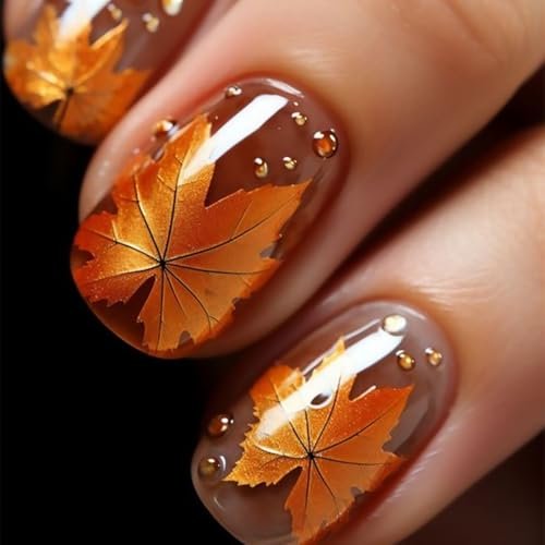 Fall Maple Leaf Press on Nails Short Square Fake Nails Thanksgiving False Nail Autumn Maple Leaves Stick on Nail for Women 24 Pcs