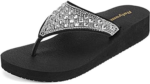 Womens Rhinestones Flip Flops Arch Support Mid Platform Bling Comfortable Flip-flops Jewel Dressy Thong Sandals