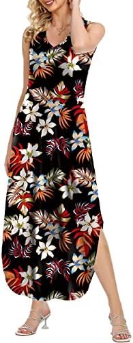 HUSKARY Women's Maxi Dresses V Neck Sleeveless Long Casual Dresses Loose Sundress with Pocket