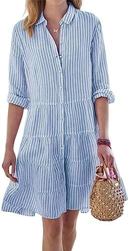 utcoco Womens Striped Button Down Midi Shirt Dress Casual Loose Cuffed Long Sleeve Mid Long Dresses