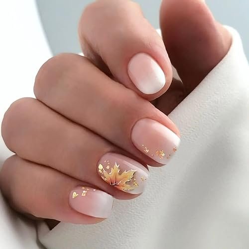Fall Press on Nails Short Square Fake Nails with Maple Leaf Foil Designs French Gradient False Nails Cute Short Acrylic Press on Nails Glossy Nude Stick on Nails Reusable Artificial Nails for Women