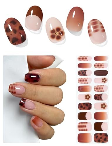 Semi Cured Gel Nail Strips (Brown Flower French), 20 Pcs Fall Gel Nail Wraps, Stickers, UV Light Required, Salon Quality, Long Lasting