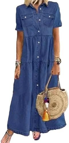 Sexyshine Women's Button Down Denim Dress Short Sleeve Lapel Collar High Waist A Line Swing Ruffle Jeans Maxi Dress