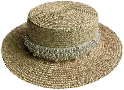 Women's Handwoven Straw Sun Hat with Pearls-Band Summer Fedora Boater Hat for Beach Vacation Sun Cap