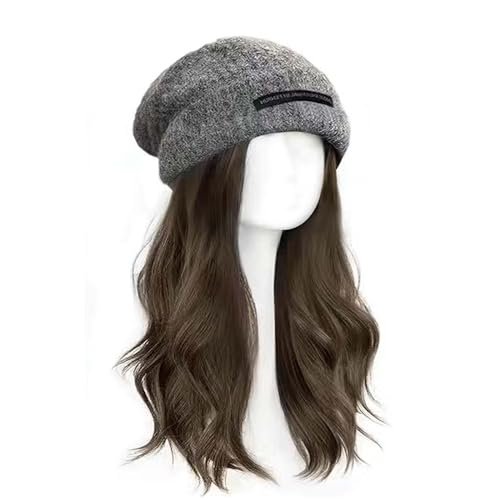 Women's Knitted Hat Wig Winter Beanie Cap with Brim (Detachable)