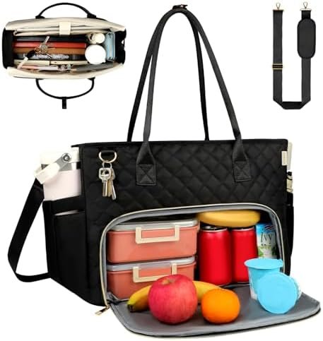 Lunch Tote Bag with 15.6 Inch Laptop Compartment& Water Bottle Pocket, Quilted Nylon Work Tote Bag with Large Insulated Lunch Compartment for Women Schoool Business Teacher Nurse (Black)