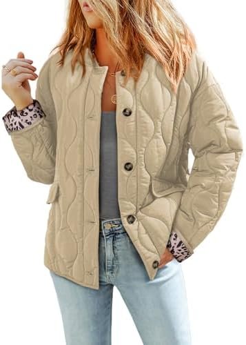 Dokotoo Casual Quilted Jackets for Women Button Down Leopard Puffer Jacket Womens Winter Coats with Pockets