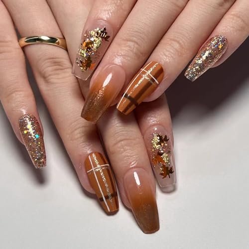 Fall Press on Nails Long Coffin Fake Nails Brown Gradient Acrylic Nails Glitter Maple Leaf Lines with Designs False Nails Glossy Glue on Nails thanksgiving Artificial Stick on Nails for Women Manicure