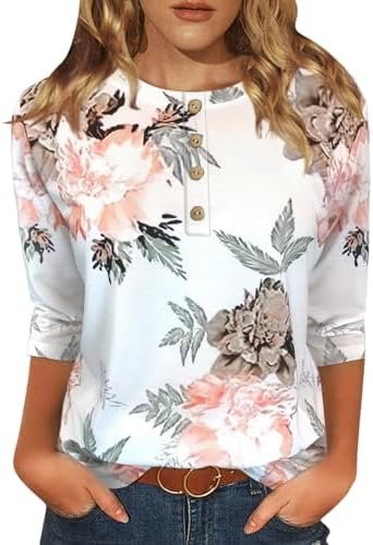 Womens Tops Casual 3/4 Sleeve Shirts Crew Neck Loose Casual Blouses Floral Print Tshirts
