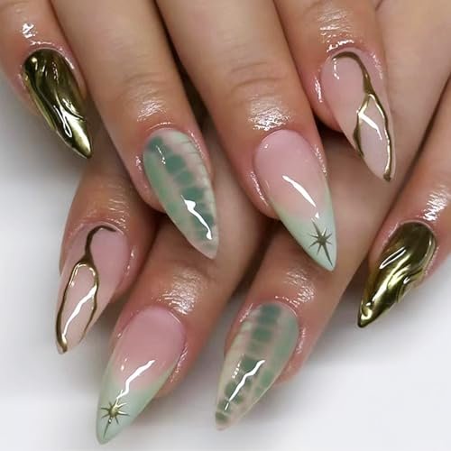 24 Pcs Green Press on Nails 3D Curve Line False Nails Glossy Gold Star Acrylic Fake Nail French Tips Gel Glue on Nail Turtle Pattern Stick on Medium Almond Fingernails for Coquette Women Girls