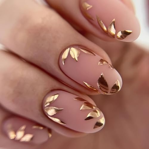 24Pcs Gold Leaf Press on Nails Short Length Fall Leaves Fake Nails Almond Shape Full Cover Nude False Nails with Matte Designs Autumn Acrylic Nails Leaf Glue on Nails for Women Girls Nail Supplies