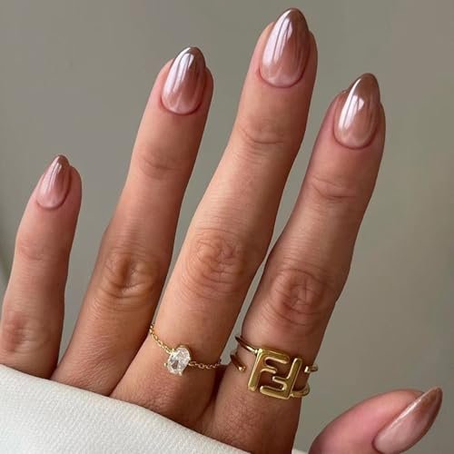 Solid Color Ombre Brown Press on Nails- Short Almond Fake Nails Glossy Gradient Coffee Fingernails in 12 Sizes -24pcs Reusable Pure Colour Fall False Nails for Women Girls Daily Wear Manicure