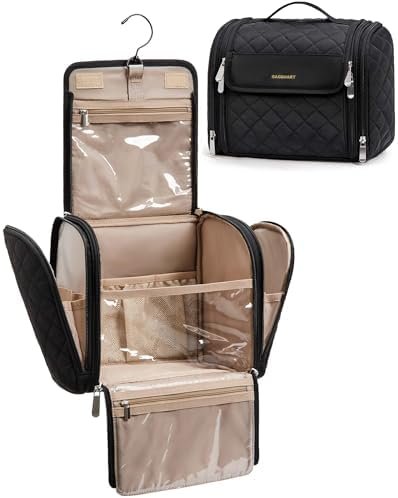 BAGSMART Makeup Bag for Women with Hanging Hook - Portable Cosmetic Case, Large Capacity Door Room Essentials Travel Organizer for Full Sized Cosmetics and Toiletries, Black