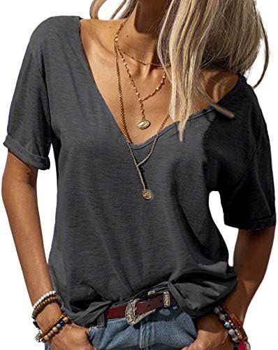 Danedvi Women Fashion Deep V-Neck Short Sleeve Tops Solid Casual Loose Basic T Shirt