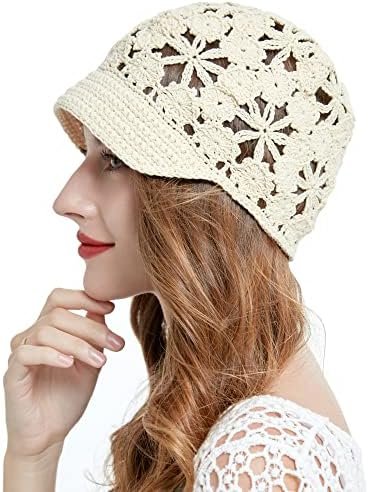 ZLYC Women Summer Slouchy Crochet Hat Handmade Cutout Knit Skull Cap with Visor