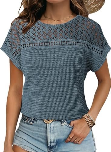 Dokotoo Women's Tops Casual Scoop Neck Short Sleeve Waffle Knit Hollow Out Shirts Loose Tunic Tops Blouses