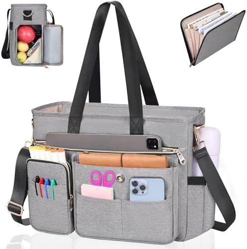 ESTARER Teacher Tote Bag for Women 2Pcs, 15.6'' Laptop Work Bag Computer bag w/Expandable File Folder, Large Water-Resistant Messenger Shoulder bag w/Insulated Pocket for Office/Travel/College, Grey