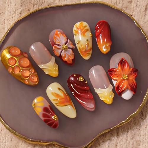 30Pcs 3D Fall Press on Nails Medium Almond Maple Leaf Fake Nails Handmade Acrylic Nails Autumn Flower Rhinestones Glue on Nail French Tip False Nails Thanksgiving Gold Leaves Artificial Nail Decor