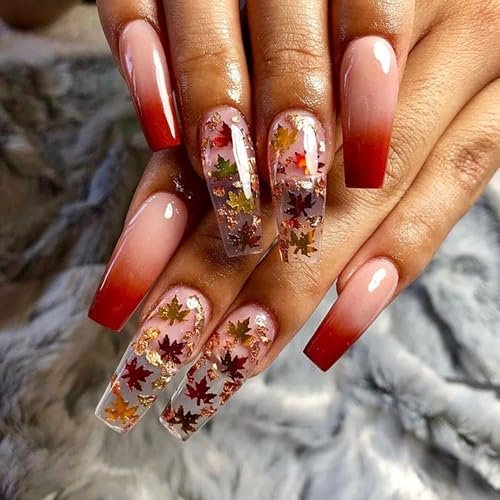 Fall Press on Nails Maple Leaf Sequins Fake Nails Thanksgiving Gradient Long Coffin Nail Glossy Autumn Maple Leaves Acrylic Glue on Nail for Women DIY Manicure