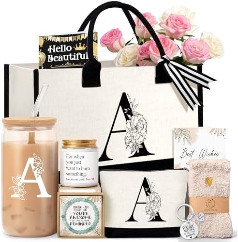 Birthday Gifts for Women, Monogrammed Initial Gift for Teacher Wife Mom, Tote Bag,Glass Cup Gift Basket Personalized Christmas Mother's Teacher Appreciation Day,A