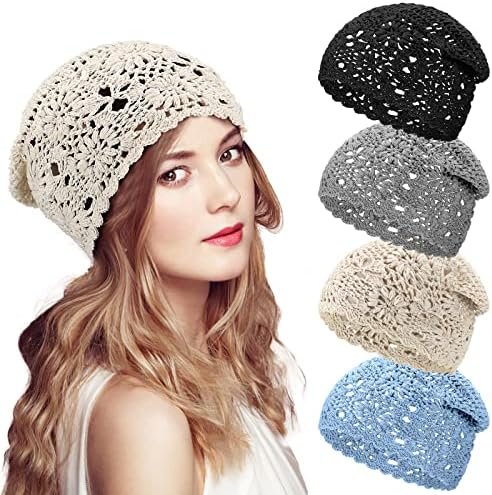 4 Pcs Crochet Slouchy Beanie Hat Fall Handmade Knit Floral Skull Cap Cotton Cutout Summer Hats for Women Lightweight Knitted