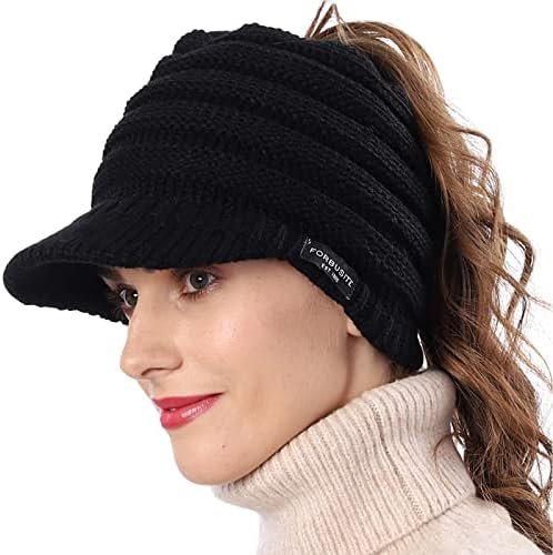 Women's BeanieTail Warm Knit Hat Messy High Bun Ponytail Visor Beanie Cap