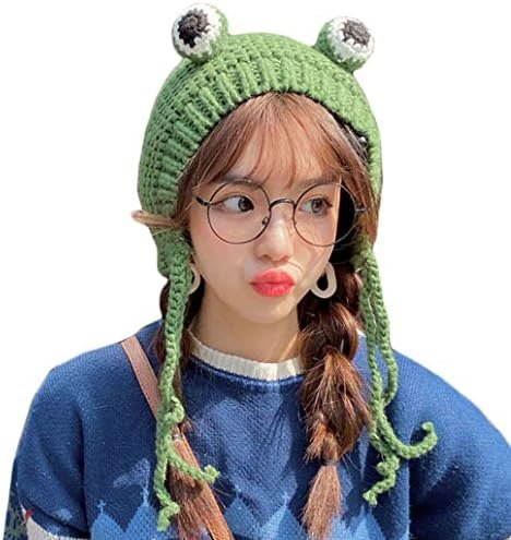 Women Girls Crochet Knitted Winter Headband Hat Beanie Cute Cartoon Frog Big Eyes Earflap Cap Photo Props