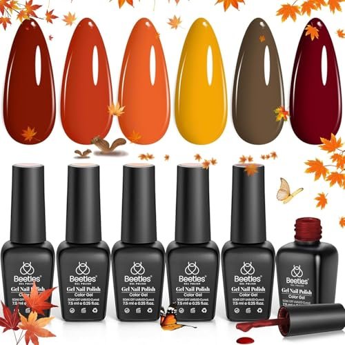 Beetles Fall Gel Nail Polish Set - 6 Colors Burgundy Red Orange Yellow Brown Gel Polish Kit for Nails, Autumn Leaves Soak Off UV LED Nail Gel Manicure at Home Gifts for Women