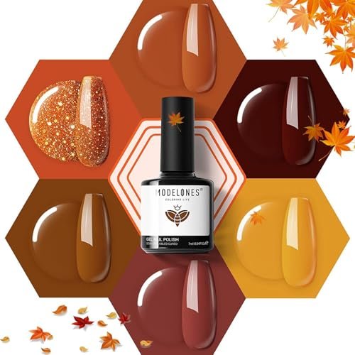 modelones Gel Nail Polish Set, 6 Fall Colors 2025 Caramel Retro Gold Yellow Glitter Dark Brown Burgundy Pumpkin Orange Gel Polish Maroon Cherry Mocha Halloween Nail Art Soak Off LED DIY Salon Gift