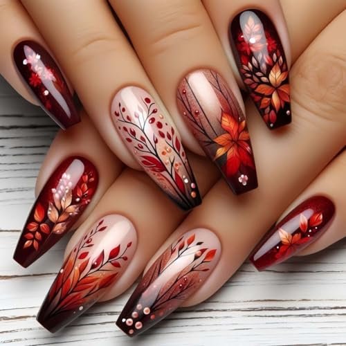 24 Pcs Fall Press On Nails Medium Coffin Fake Nails Leaf With Gradient Design Red Glossy False Nails Stick On Nail Full Cover Acrylic Nail For Women Autumn Art Manicure