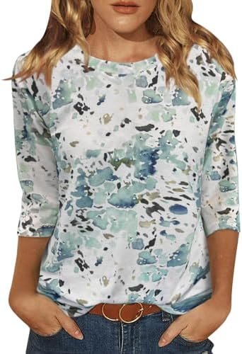 JomeDesign Womens Tops 3/4 Sleeve Shirts Round Neck Loose Casual Blouses Floral Print Tshirts
