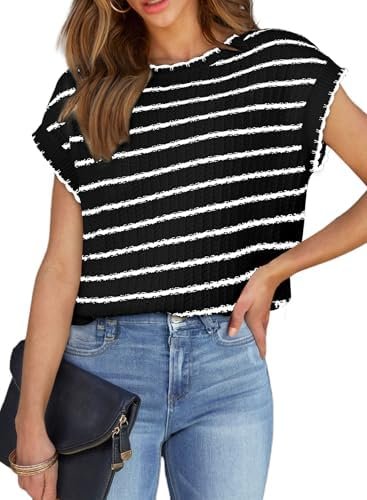 EVALESS Womens Cap Sleeve Sweater Vest Crewneck Short Sleeve Sweaters 2025 Spring Summer Trendy Casual Knit Tops