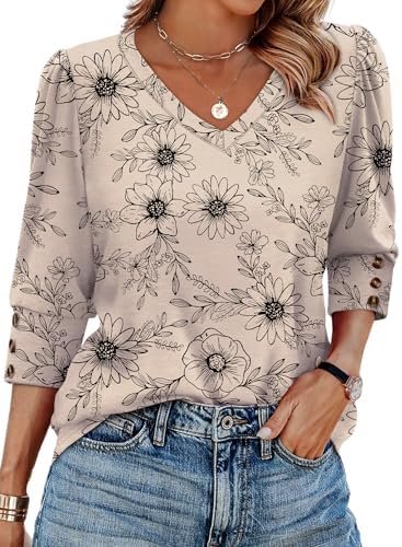 XIEERDUO Womens 3/4 Sleeve Tops with Buttons V-Neck Summer Outfits Casual Blouses Shirts Beach Vacation Fall Clothes 2025