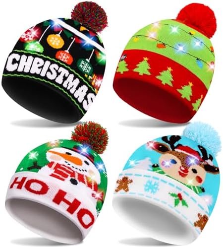 4 Pack LED Christmas Hat, Christmas Light-up Beanie Knit Hats, Colorful Flashing Cap Winter Snow Hat for Holiday Xmas Christmas Ugly Sweater New Years Party Supplies