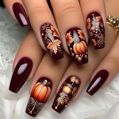 Fall Press on Nails Brown Coffin Nail Press ons Medium Length Maple Leaves Fake Nails with Pumpkin Design Halloween Glue on Nails Gradient Autumn False Nail for Women