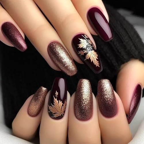 Fall Press on Nails Long Ballerina Coffin Nails Thanksgiving Maple Leaf Acrylic Glue on Nail Glossy Autumn Gold Maple Leaves Fake Nail for Women DIY Manicure
