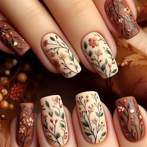 24 Pcs Fall Press on Nails Short Square Shaped Fake Nails with Leaf & Flowers Designs Glossy Brown False Nails Full Cover Autumn Acrylic Nail Stick on Nail for Women DIY Manicuare 24 Pcs