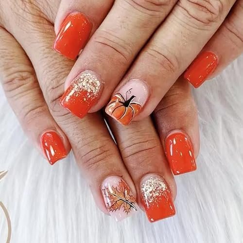 24Pcs Fall Press on Nails Short Square Fake Nails with Gold Glitter Designs Thanksgiving Day Maple Leaf Acrylic Nails Cute Pumpkin Stick on Nails Full Cover Red Brown False Nail Tips for Women
