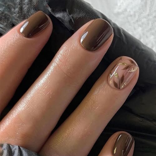 Short Press on Nails Square Fake Nails Press ons with Leaf Designs Brown Full Cover Acrylic Nails Gold Glitter Glue on Nails Glossy & Simple Artificial False Nails for Women 24 Pcs