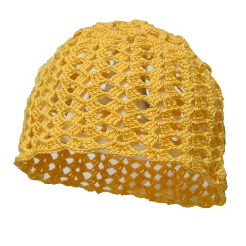 BIBITIME Lightweight Lace Crochet Skull Cap Women Beanie Summer Beach Headgear Hollow Handmade Knitted Hat (Large for Adult, Yellow)